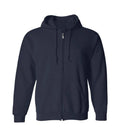 Front view of navy zipper hoodie featuring a full zipper closure, matching drawstrings, split kangaroo pockets, and ribbed cuffs.