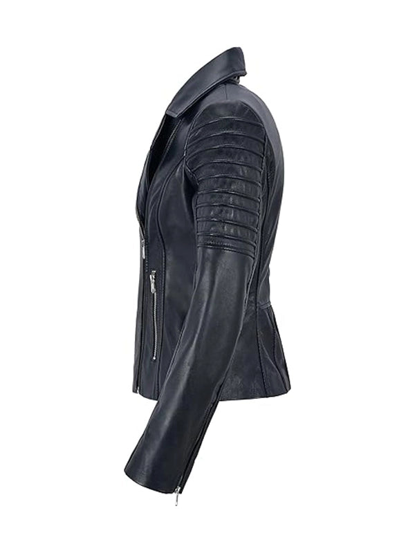 Womens Navy Leather Biker Jacket