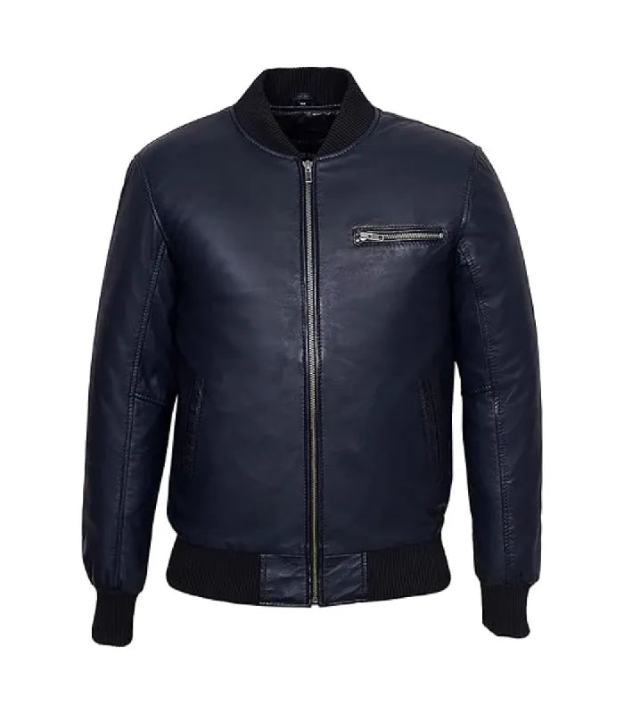 Direct front view of a navy leather bomber jacket featuring horizontal chest zipper pocket, central zip closure, and ribbed waist hem.