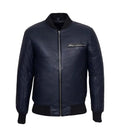 Direct front view of a navy leather bomber jacket featuring horizontal chest zipper pocket, central zip closure, and ribbed waist hem.