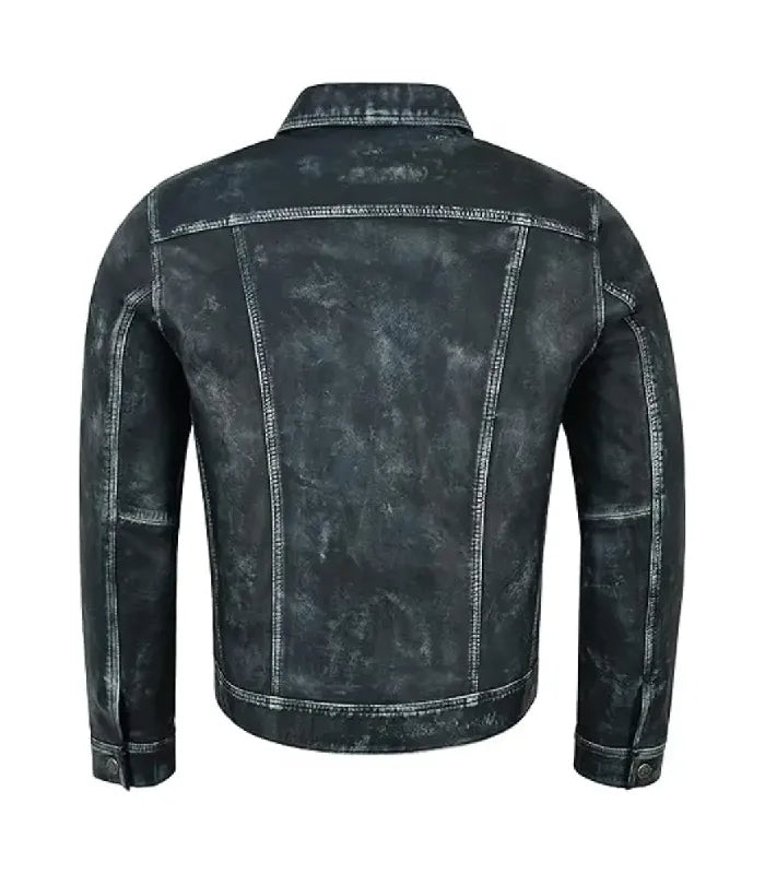 Rear view of a distressed navy leather trucker jacket displaying structured back paneling, shoulder yoke stitching, buttoned waist tabs, and cuffs.