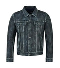 Front view of a distressed navy leather trucker jacket featuring dual chest flap pockets, button closure, classic shirt collar, and side pockets.