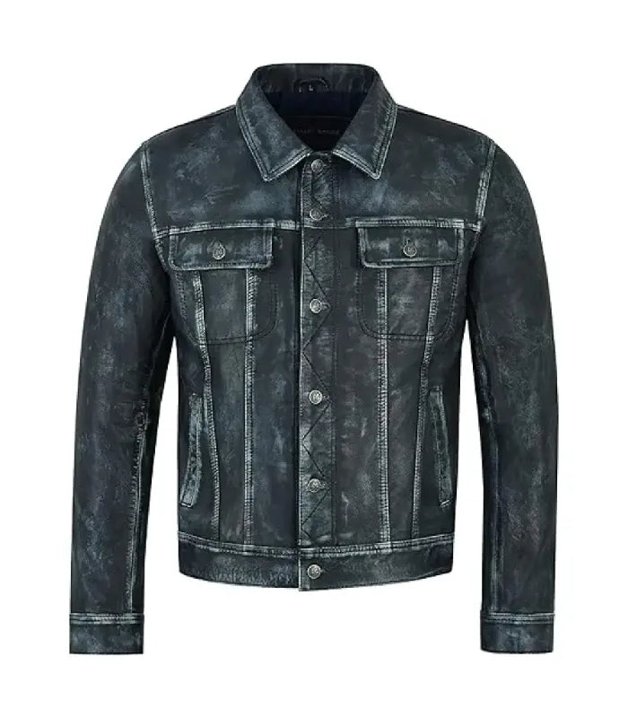Front view of a distressed navy leather trucker jacket featuring dual chest flap pockets, button closure, classic shirt collar, and side pockets.