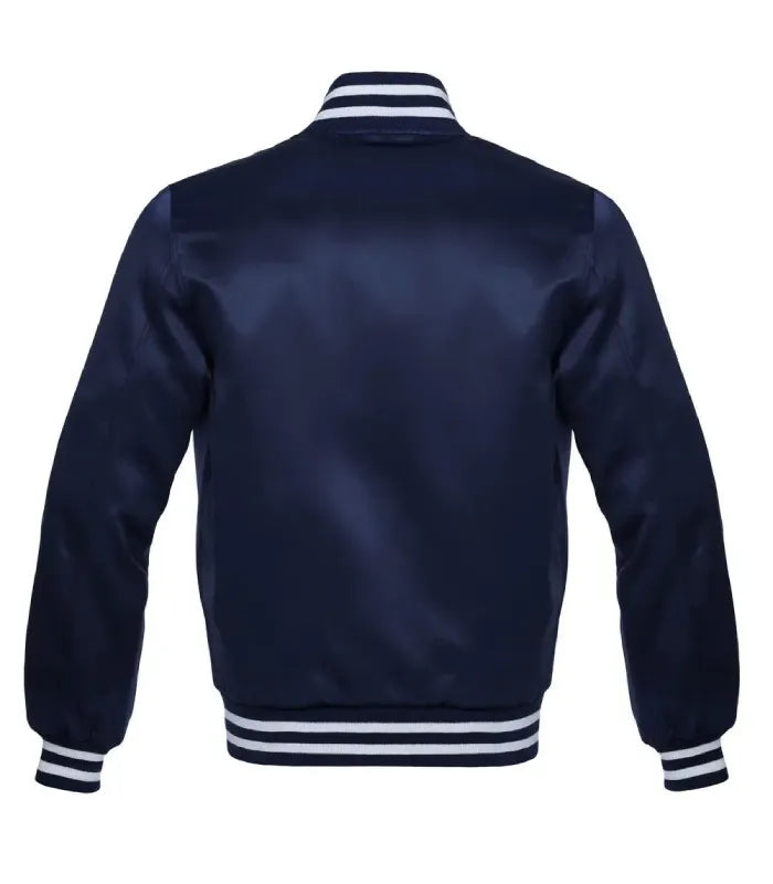 Rear view of a navy satin jacket displaying a plain navy back panel and white double-striped rib-knit collar, cuffs, and hem.