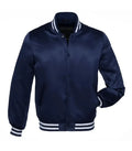 Front view of a navy satin jacket with matching snap buttons, white-striped ribbed collar and cuffs, and one hand in pocket.