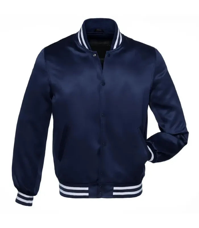 Front view of a navy satin jacket with matching snap buttons, white-striped ribbed collar and cuffs, and one hand in pocket.