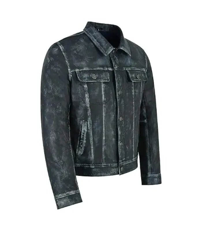Three-quarter front angle view of a distressed navy leather trucker jacket showing chest flap pockets, button front placket, and side welt pocket.