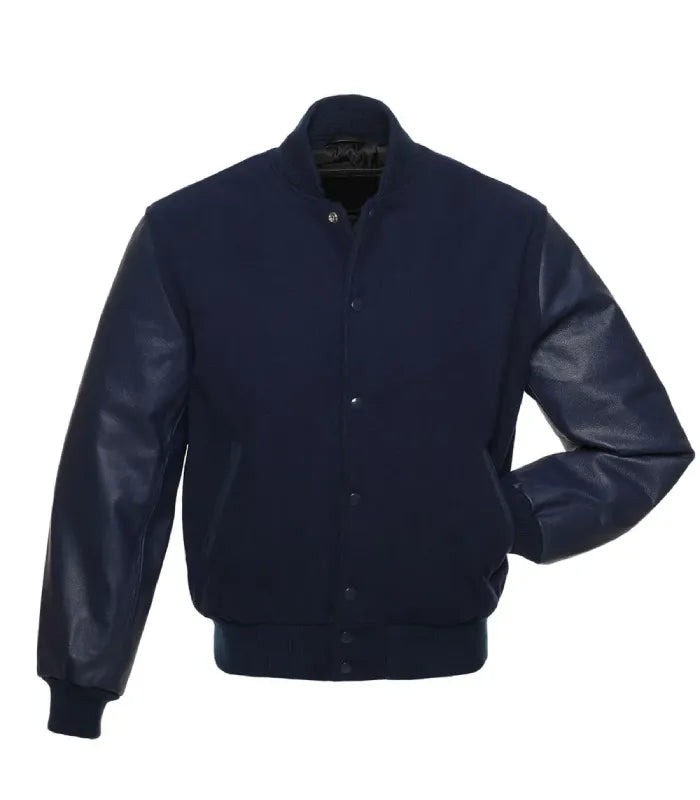 Full front view of all-navy varsity jacket with rich blue leather sleeves and matching wool body.