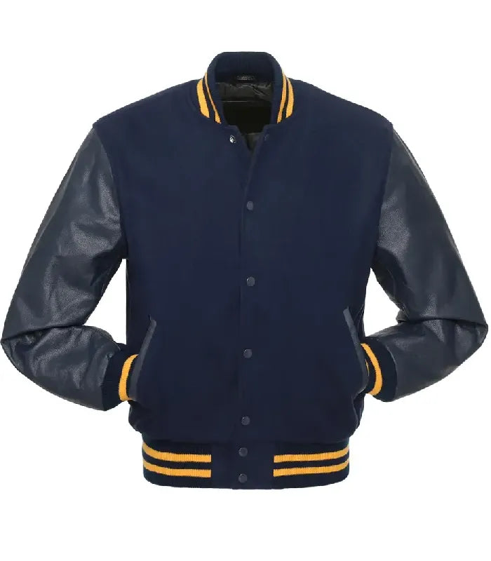 A varsity-style jacket with a navy blue body and dark leather sleeves, featuring yellow stripes on the collar, cuffs, and hem.