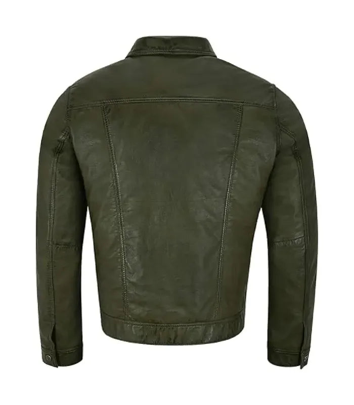 Rear view of an olive green leather trucker jacket displaying structured back paneling, shoulder yoke stitching, and buttoned cuff sleeves.