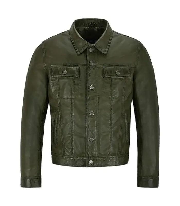 Front view of an olive green leather trucker jacket featuring dual buttoned chest flap pockets, metallic snap closure, and classic shirt collar.