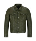 Front view of an olive green leather trucker jacket featuring dual buttoned chest flap pockets, metallic snap closure, and classic shirt collar.