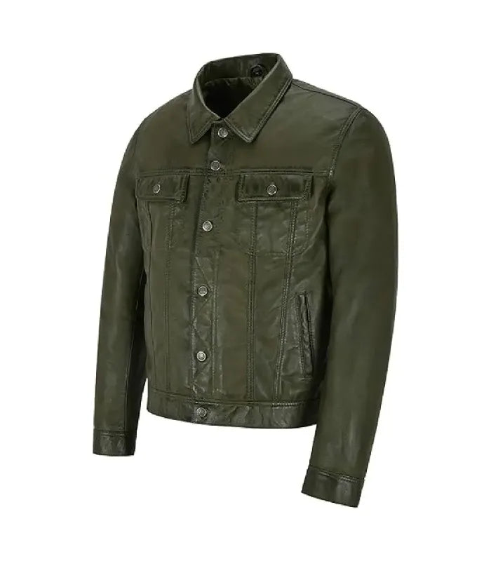 An olive green leather jacket with a button-up front, two chest flap pockets, and side pockets, shown on a plain white background.