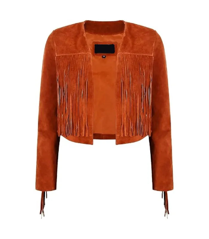 Front view of Orange Bolero Fringe Cropped Leather Jacket featuring collarless open-front design, chest tassel fringe, and sleeve trim.