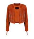 Front view of Orange Bolero Fringe Cropped Leather Jacket featuring collarless open-front design, chest tassel fringe, and sleeve trim.