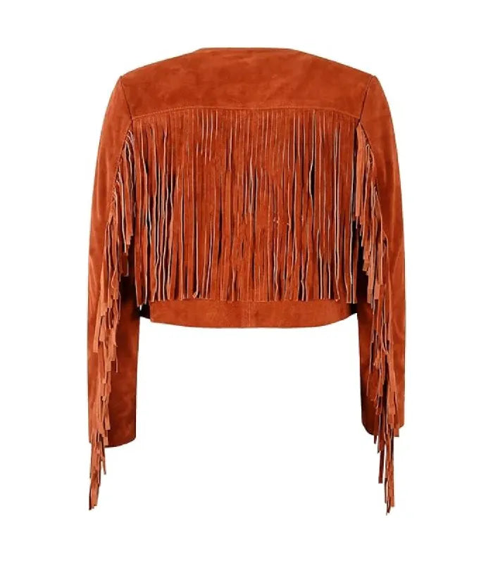 Rear view of Orange Bolero Fringe Cropped Leather Jacket featuring full back fringe yoke panel, arm fringe detailing, and cropped hemline.