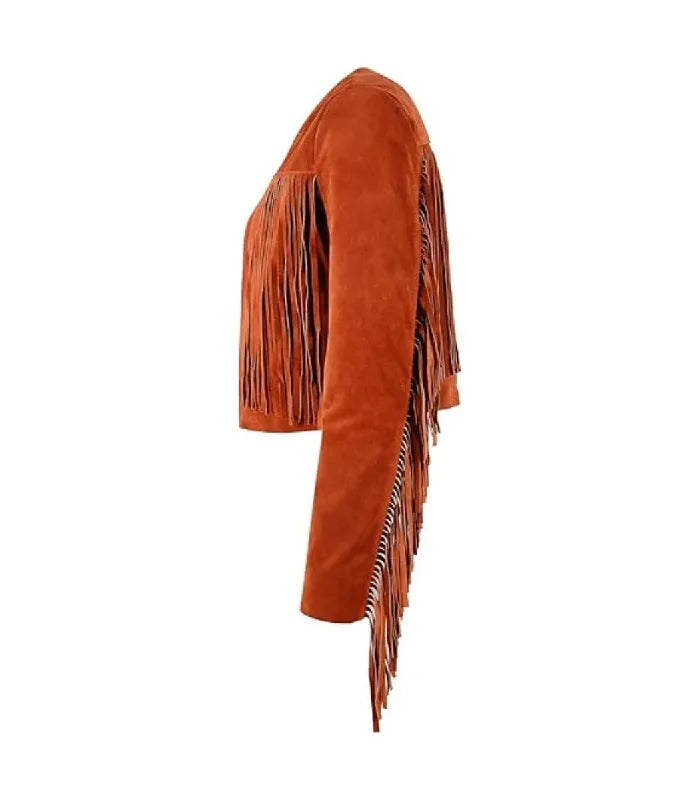Profile side view of Orange Bolero Fringe Cropped Leather Jacket showcasing suede texture, chest fringe panel, and sleeve fringe fall.
