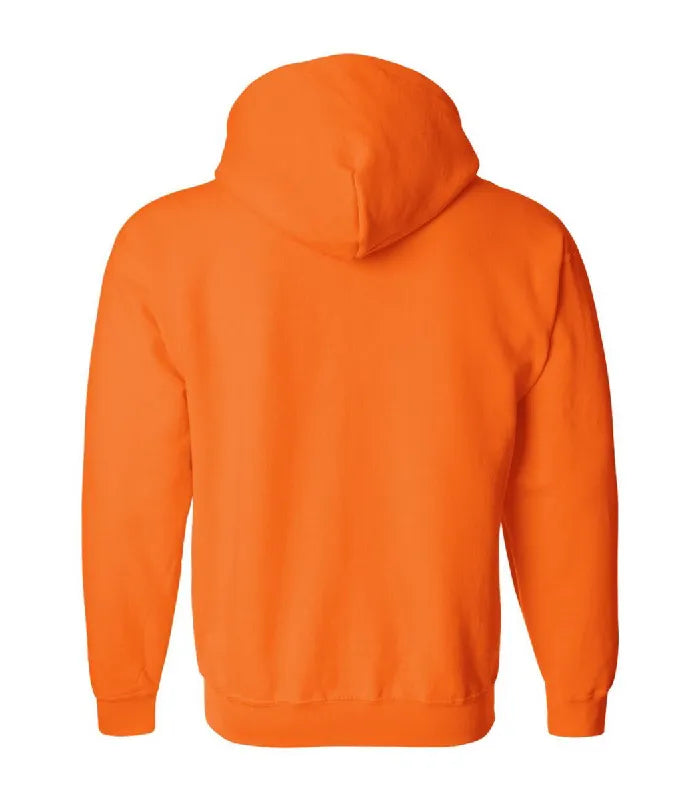 Rear view of orange zipper hoodie featuring a smooth fleece back panel, attached hood, long sleeves, and fitted ribbed waist hemline.