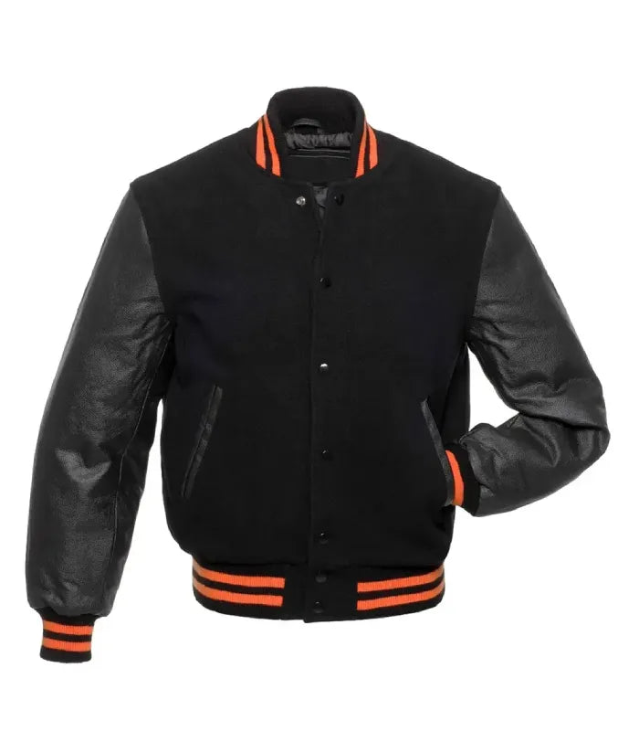 Front view of an Orange Knit Trim Black Varsity Jacket displaying snap-button front closure, leather-trimmed waist pockets, and orange striped ribbed trim.