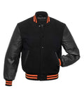 Front view of an Orange Knit Trim Black Varsity Jacket displaying snap-button front closure, leather-trimmed waist pockets, and orange striped ribbed trim.