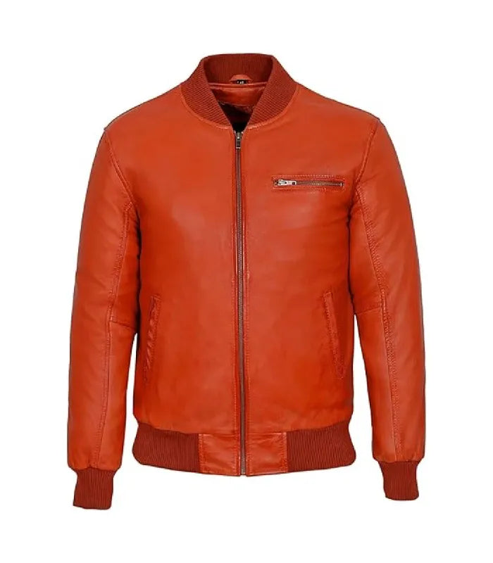 Direct front view of an orange leather bomber jacket featuring horizontal chest zipper pocket, central zip closure, and ribbed waist hem.