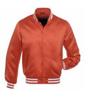A satin bomber jacket in a warm rust-orange color, featuring white striped ribbed trim on the collar, cuffs, and hem, with a snap-button front closure.