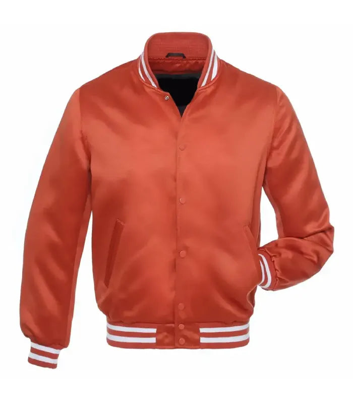 A satin bomber jacket in a warm rust-orange color, featuring white striped ribbed trim on the collar, cuffs, and hem, with a snap-button front closure.