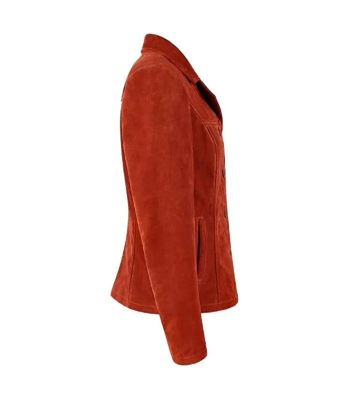 Side view of Womens Orange Suede Leather Blazer featuring side welt pocket detail, fitted sleeve construction, and structured waist tailoring.