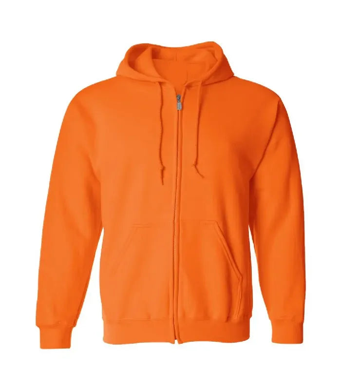 Front view of orange zipper hoodie featuring a full zipper front, adjustable drawstrings, split kangaroo pockets, and ribbed hem.