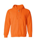 Front view of orange zipper hoodie featuring a full zipper front, adjustable drawstrings, split kangaroo pockets, and ribbed hem.