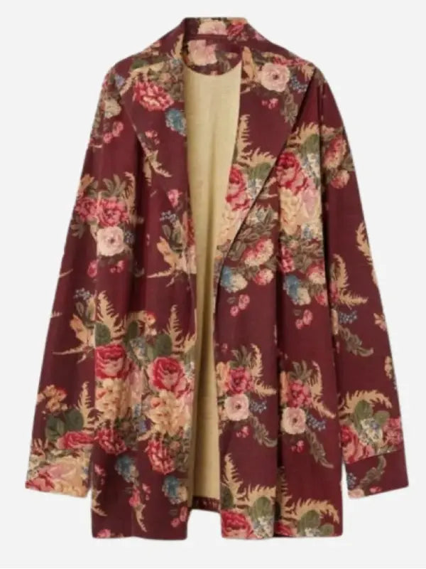 Ornate floral open-front cardigan robe flat lay burgundy
