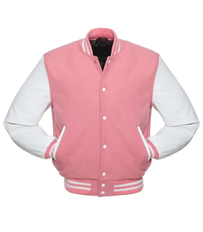A pink and white varsity jacket with a pink wool body, white leather sleeves, and pink and white striped ribbing on the collar, cuffs, and hem.