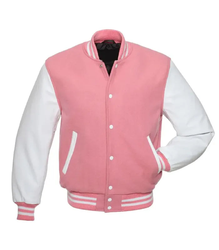 A pink and white varsity jacket with a pink wool body, white leather-look sleeves, and pink and white striped ribbed collar, cuffs, and hem.