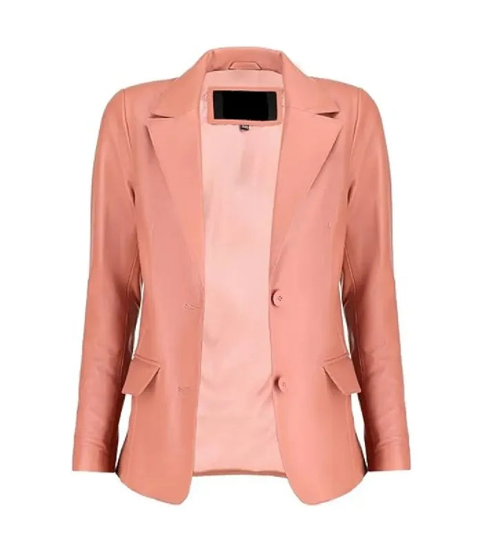 Front open view of a Womens Pink Leather Blazer revealing smooth inner lining, wide notch lapels, and flap waist pockets.