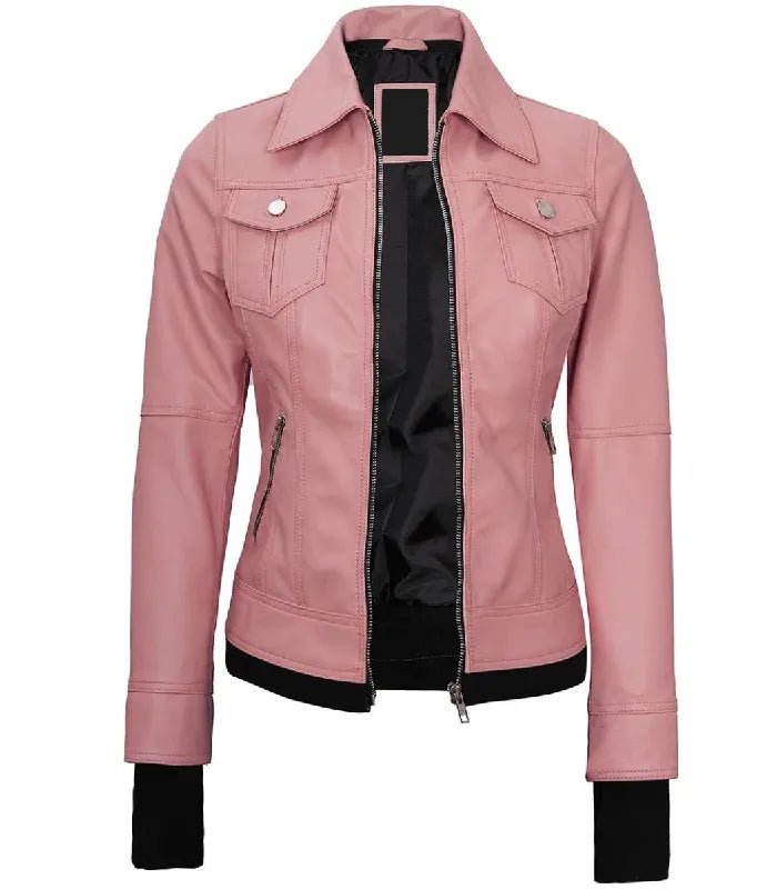Front view of a women's pink leather bomber jacket without the hood, featuring a sharp collar, double flap chest pockets, and side zip closures.