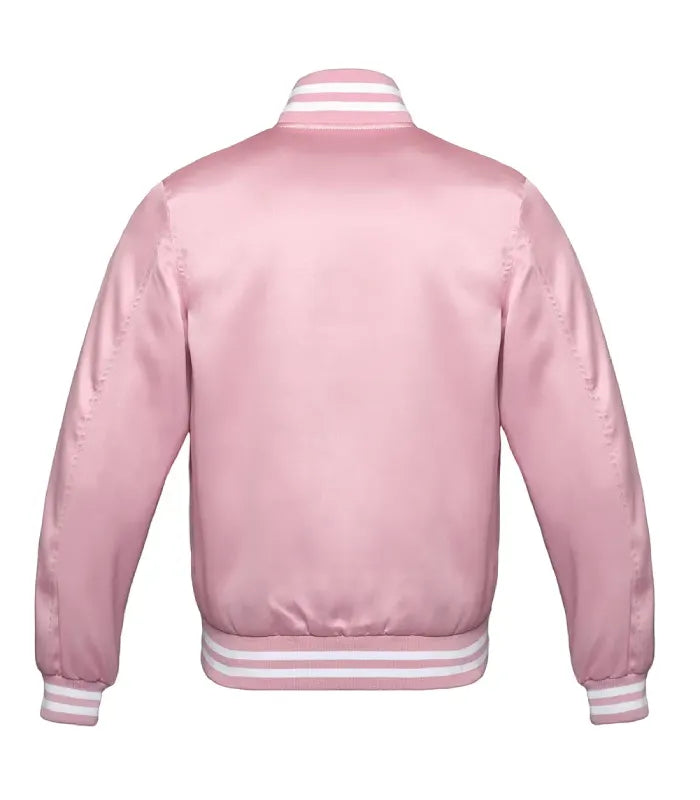 Rear view of a pink satin varsity jacket displaying a plain light pink back panel and white double-striped rib-knit collar, cuffs, and hem.
