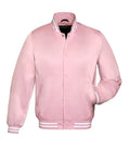Front view of a pink satin varsity jacket featuring matching snap buttons, white-striped ribbed collar and cuffs, and one hand in pocket.