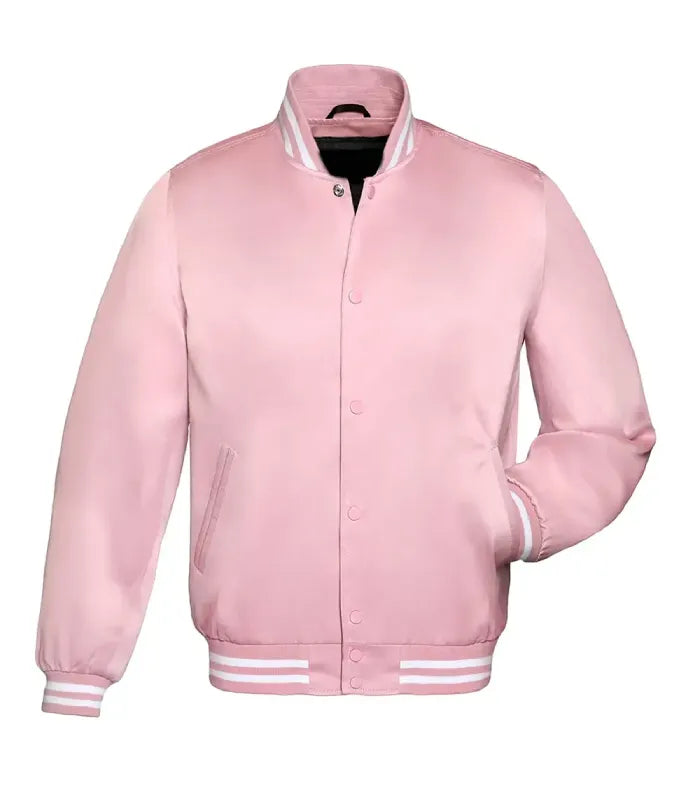 Front view of a pink satin varsity jacket featuring matching snap buttons, white-striped ribbed collar and cuffs, and one hand in pocket.
