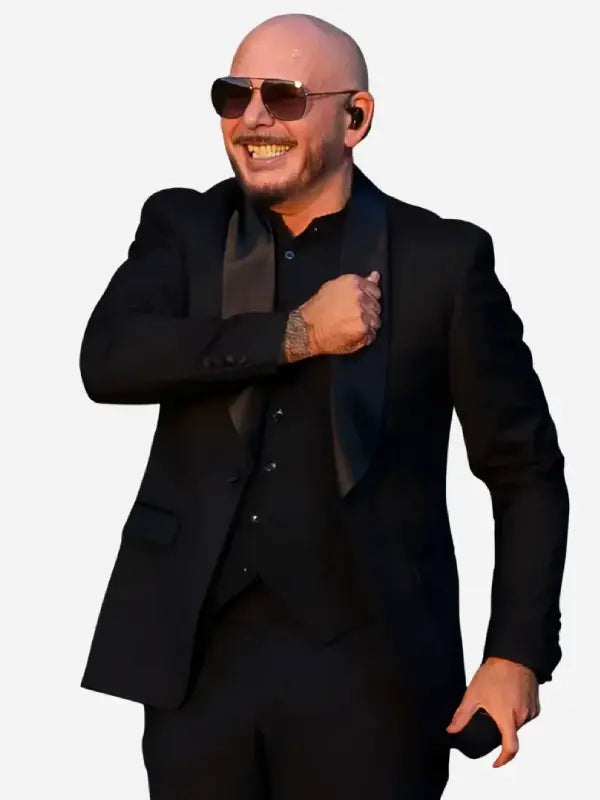 Pitbull black tuxedo blazer satin lapel closeup side pose