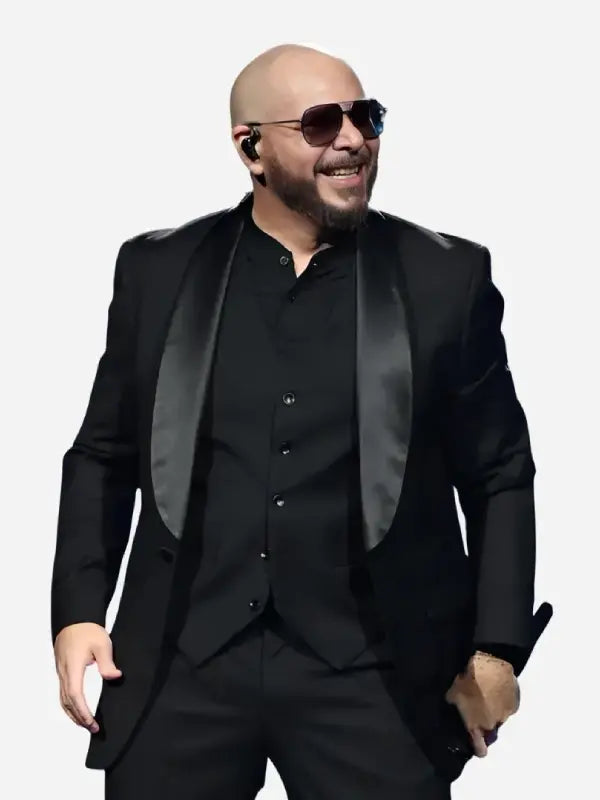 Pitbull I'm Back Tour 2026 black satin shawl lapel tuxedo blazer front view