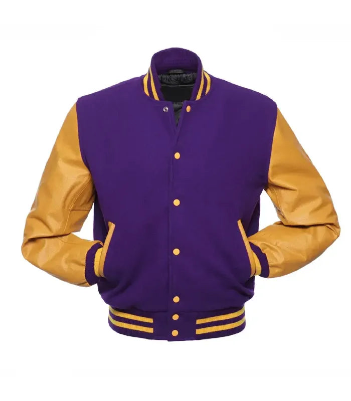 A varsity-style jacket with a purple body and tan sleeves, featuring gold buttons, a ribbed collar, cuffs, and hem, and yellow stripes on the collar, sleeve cuffs, and hem.