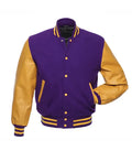 A purple and gold varsity jacket with a purple wool body, gold faux-leather sleeves, and gold and purple striped ribbing, shown on a plain white background.