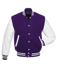 A purple and white varsity jacket with a solid purple wool body, white sleeves, and striped ribbed collar, cuffs, and hem.