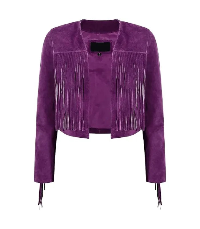 Front view of Purple Bolero Fringe Cropped Leather Jacket featuring collarless open-front design, chest tassel fringe, and sleeve trim.