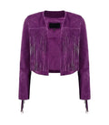 Front view of Purple Bolero Fringe Cropped Leather Jacket featuring collarless open-front design, chest tassel fringe, and sleeve trim.