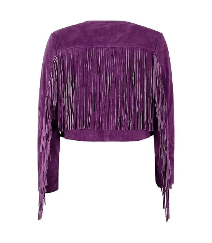 Rear view of Purple Bolero Fringe Cropped Leather Jacket featuring full back fringe yoke panel, arm fringe detailing, and cropped hemline.