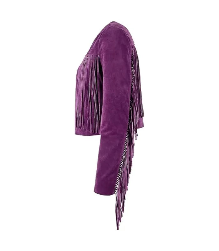 Profile side view of Purple Bolero Fringe Cropped Leather Jacket showcasing suede texture, chest fringe panel, and sleeve fringe fall.