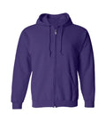 Front view of purple zipper hoodie featuring a full zipper closure, matching drawstrings, split kangaroo pockets, and ribbed cuffs.