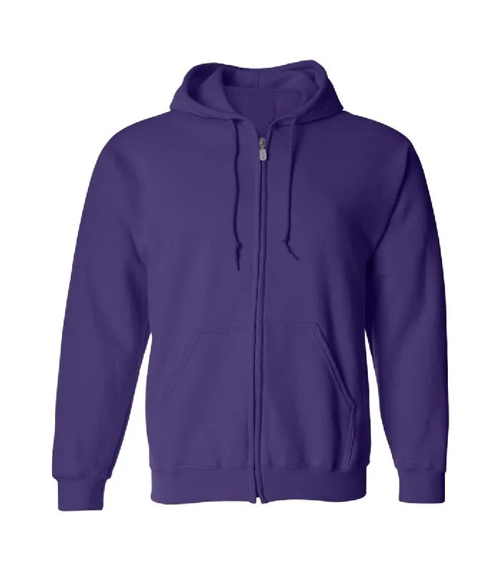Front view of purple zipper hoodie featuring a full zipper closure, matching drawstrings, split kangaroo pockets, and ribbed cuffs.