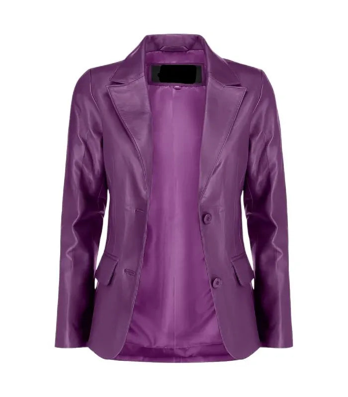 Front open view of a Womens Purple Leather Blazer revealing smooth inner lining, wide notch lapels, and flap waist pockets.